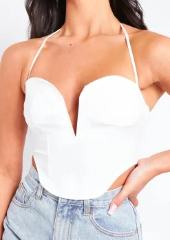 Arden Ivory Halterneck Corset Plunge Top^Missy Empire Best Sale