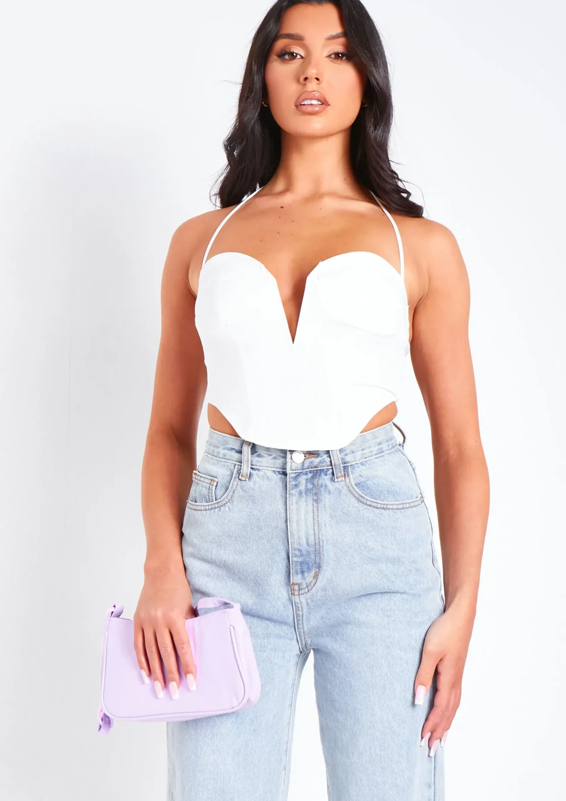 Arden Ivory Halterneck Corset Plunge Top^Missy Empire Best Sale