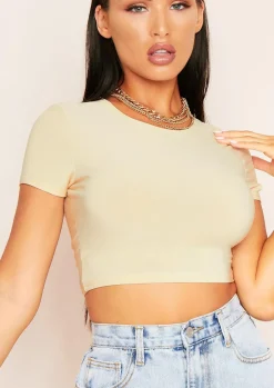 Areeta Cream Cap Sleeve Smooth Cropped T-Shirt^Missy Empire Store