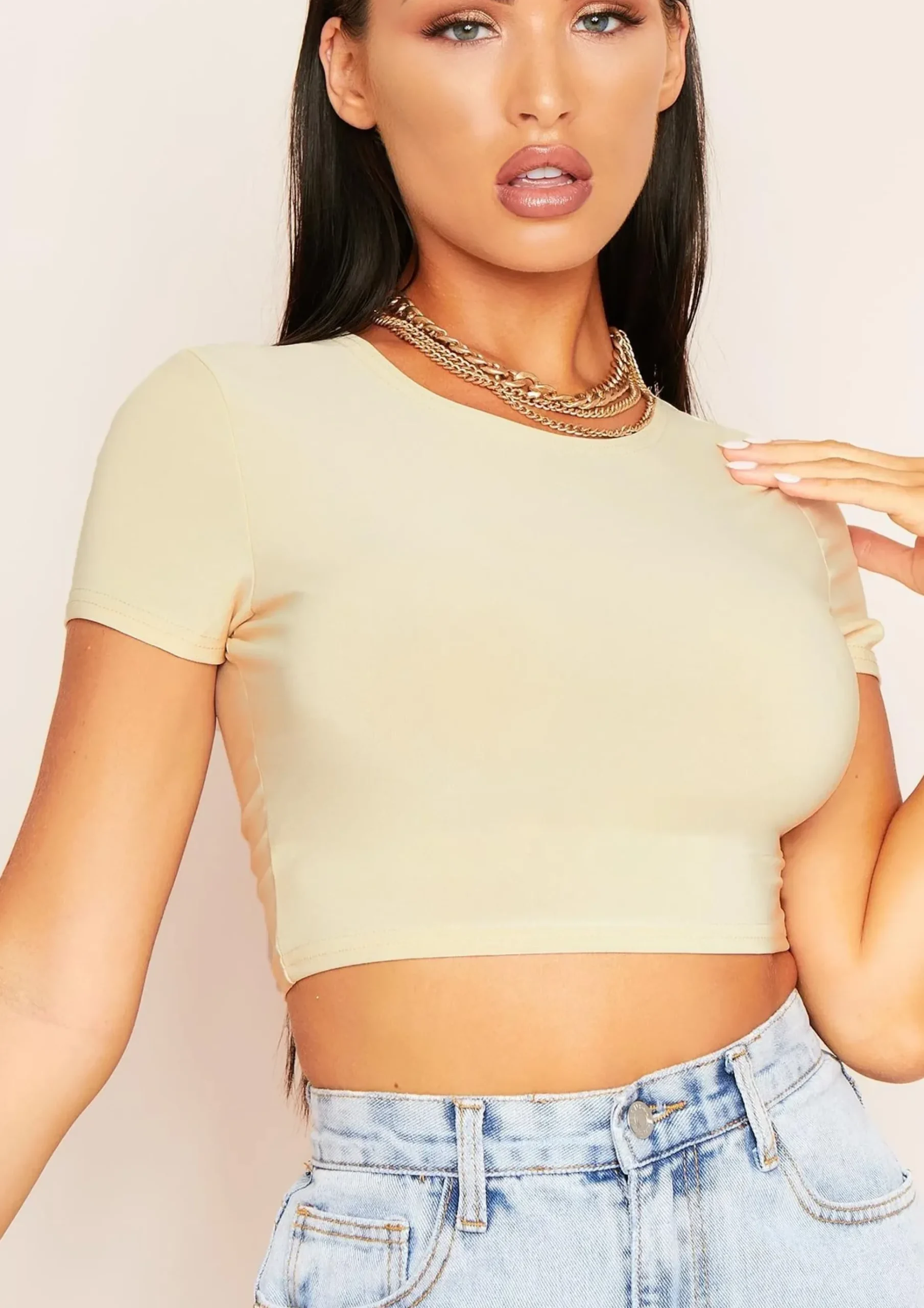 Areeta Cream Cap Sleeve Smooth Cropped T-Shirt^Missy Empire Store