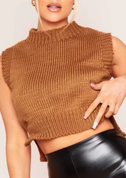 Ariana Camel Cropped Knitted Sleeveless Vest^Missy Empire Store
