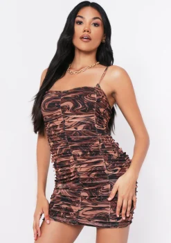 Best Sale Arizona Brown Print Ruched Mesh Mini Dress Women Dresses