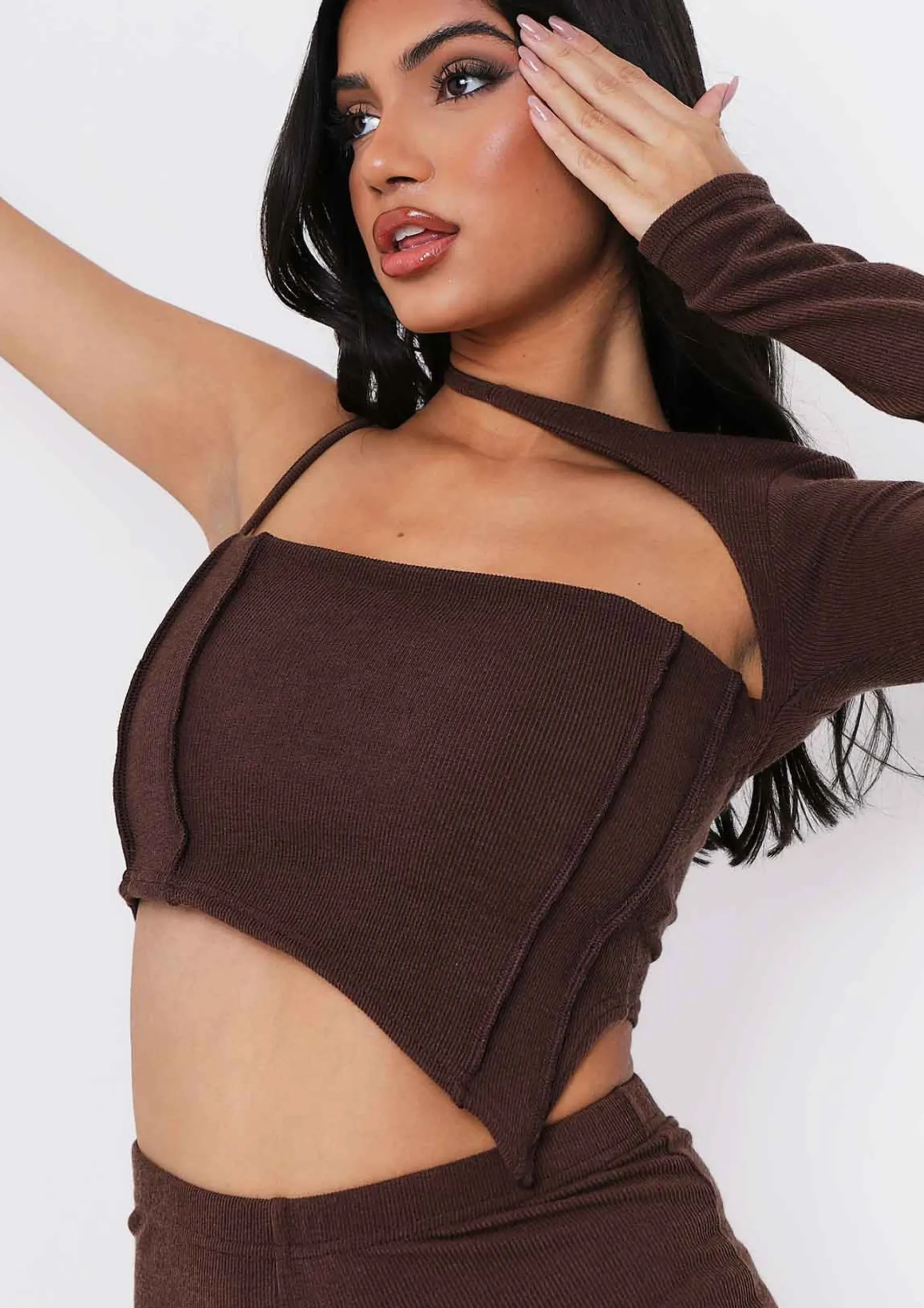 Asher Chocolate Cut Out One Ribbed Shoulder Top^Missy Empire Cheap