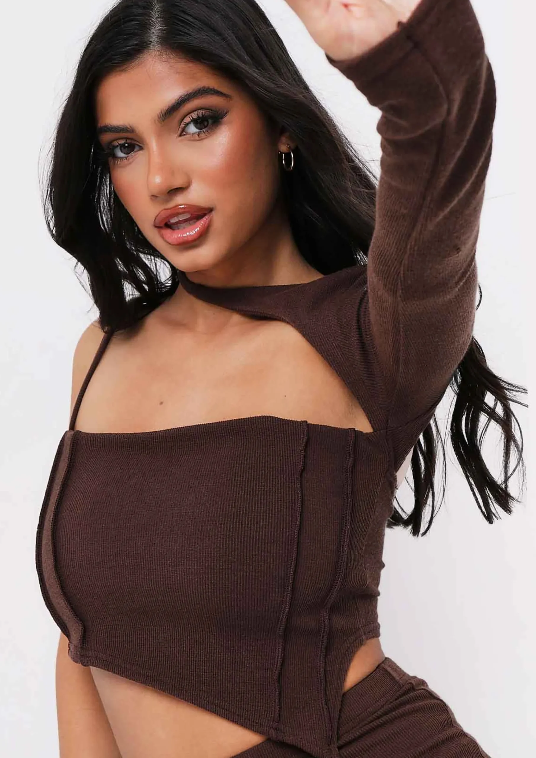 Asher Chocolate Cut Out One Ribbed Shoulder Top^Missy Empire Cheap