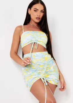 Ashlynn Blue Yellow Swirl Print Ruched Crop Top^Missy Empire Cheap