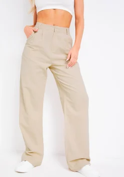 Shop Astra Beige Linen Look Tailored Trousers Women Trousers
