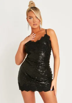 Clearance Astrid Black Lace Sequin Mini Slip Dress Women Dresses