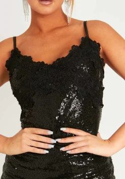 Clearance Astrid Black Lace Sequin Mini Slip Dress Women Dresses