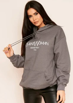 Ava Charcoal Woman Slogan Oversized Hoodie^Missy Empire Best
