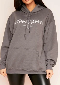 Ava Charcoal Woman Slogan Oversized Hoodie^Missy Empire Best