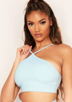 Ava Pastel Blue Missy Sport Cross Strap Halterneck Gym Crop Top^Missy Empire Store