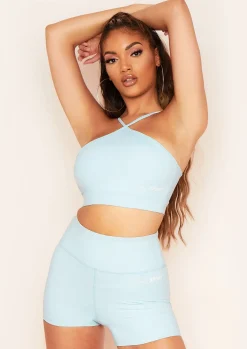 Ava Pastel Blue Missy Sport Cross Strap Halterneck Gym Crop Top^Missy Empire Store