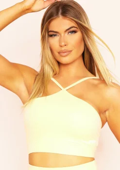 Ava Yellow Missy Sport Cross Strap Halterneck Gym Crop Top^Missy Empire Online