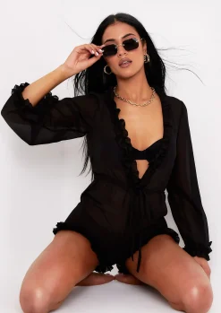 Cheap Averi Black Chiffon Ruffle Plunge Beach Playsuit Women Jumpsuits & Playsuits