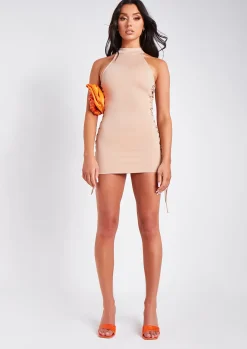 Cheap Ayeisha Beige Lace Up Detail High Neck Racer Mini Dress Women Dresses