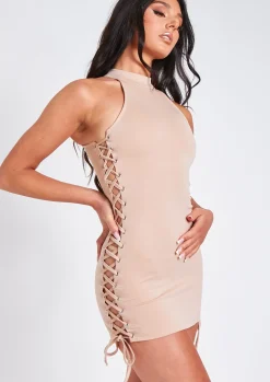 Cheap Ayeisha Beige Lace Up Detail High Neck Racer Mini Dress Women Dresses