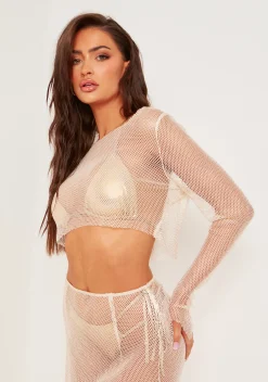 Bailey Beige Lurex Shimmer Fishnet Mesh Top^Missy Empire Hot