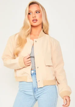 Becca Beige Button Up Cropped Bomber Jacket^Missy Empire Best