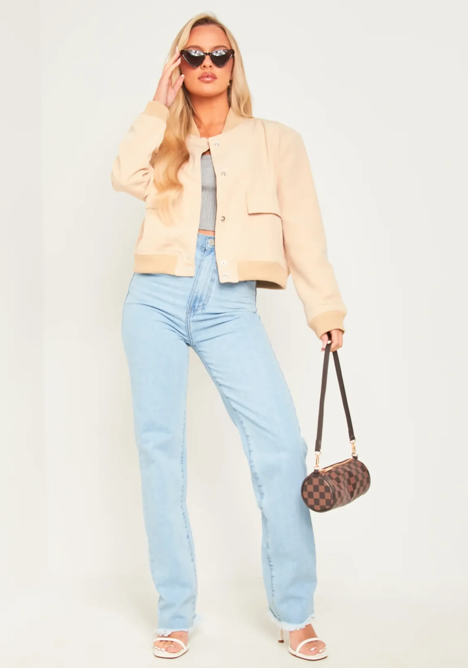 Becca Beige Button Up Cropped Bomber Jacket^Missy Empire Best