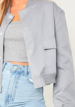 Becca Light Grey Button Up Cropped Bomber Jacket^Missy Empire New