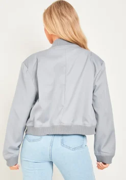 Becca Light Grey Button Up Cropped Bomber Jacket^Missy Empire New