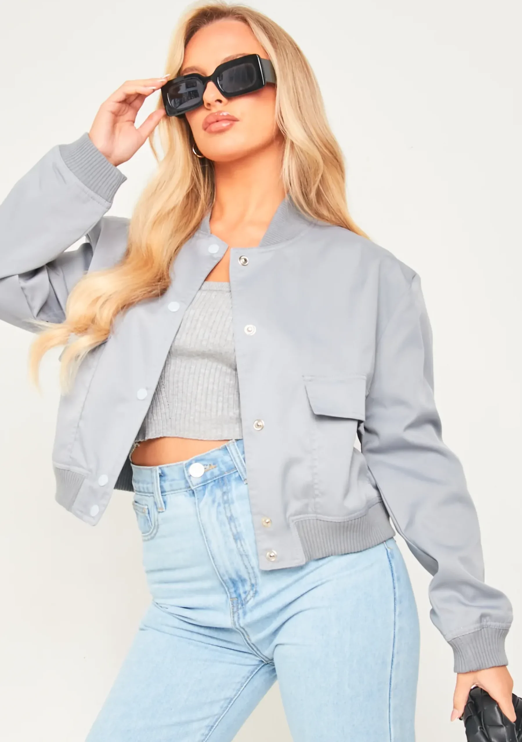 Becca Light Grey Button Up Cropped Bomber Jacket^Missy Empire New