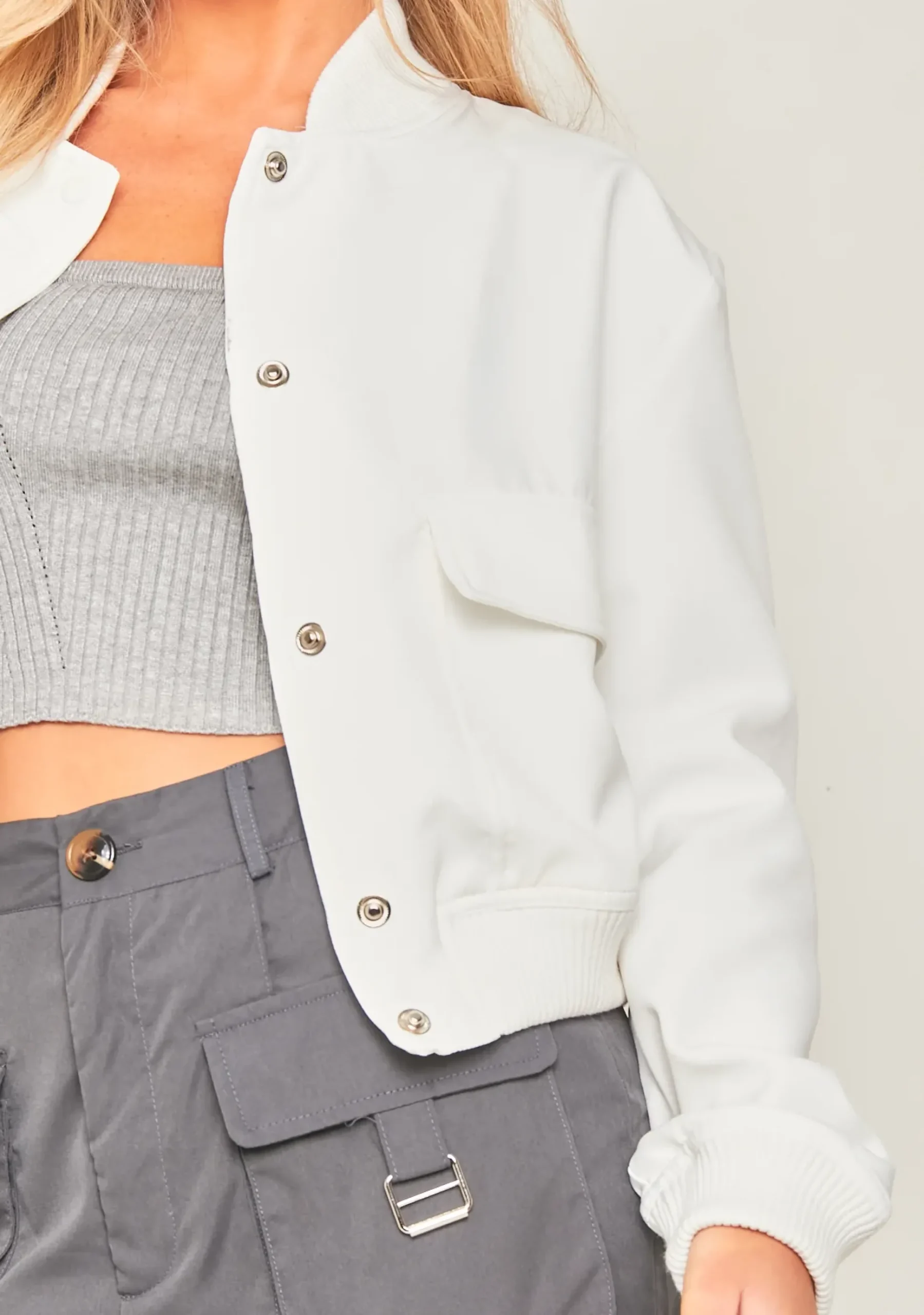Becca White Button Up Cropped Bomber Jacket^Missy Empire Store