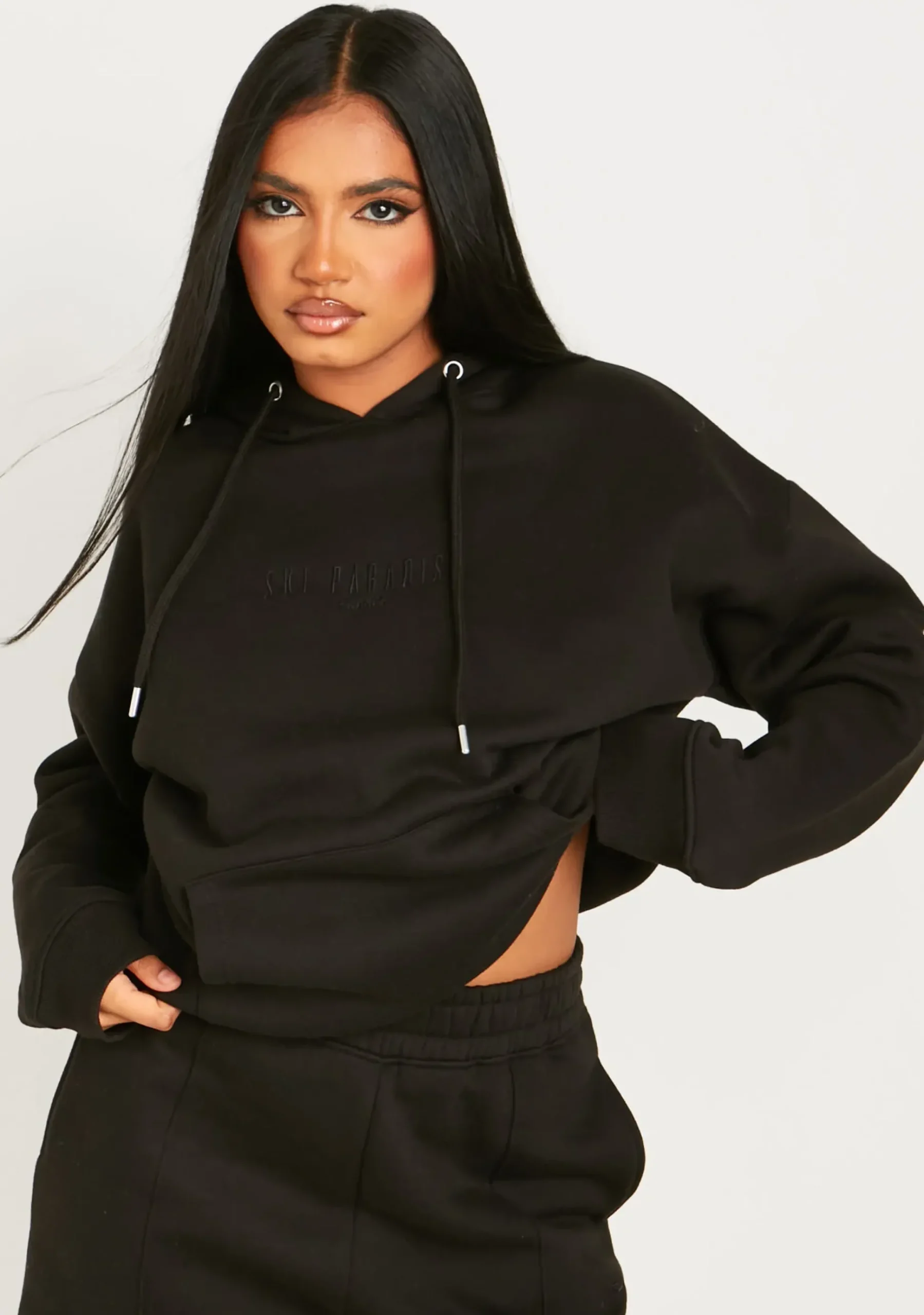 Clearance Bella Black Ski Paradise Embroidered Oversized Hoodie Women Tracksuits