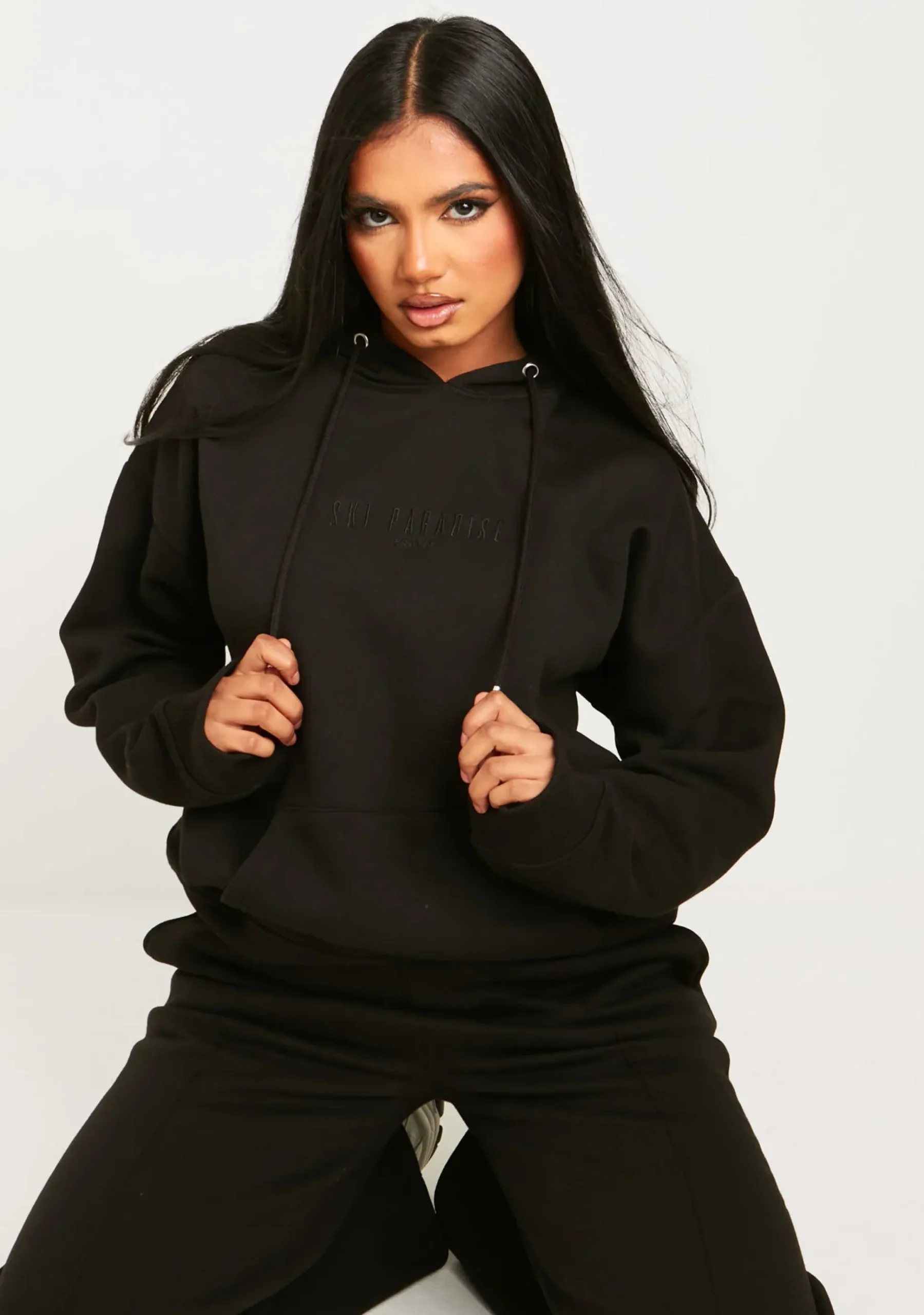 Clearance Bella Black Ski Paradise Embroidered Oversized Hoodie Women Tracksuits