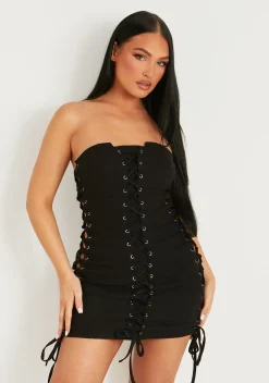 Cheap Bella Black Bandeau Mini Dress With Lace Up Detail Women Dresses