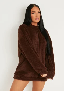 Sale Bethany Chocolate Fluffy Borg V Back Jumper Dress Women Nightwear