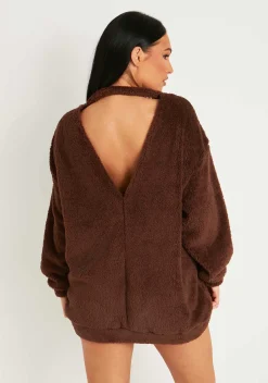 Sale Bethany Chocolate Fluffy Borg V Back Jumper Dress Women Nightwear