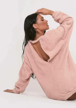 Best Bethany Pink Fluffy Borg V Back Jumper Dress Women Nightwear