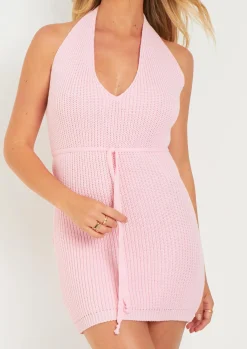 Flash Sale Billie Pink Knitted Halter Neck Mini Dress Women Dresses