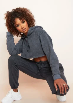 Cheap Brianne Charcoal Washed Cropped Hoodie Women Loungewear