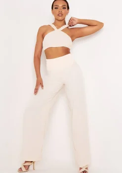 Britta Cream Cross Strap Pleat Detail Crop Top^Missy Empire Hot