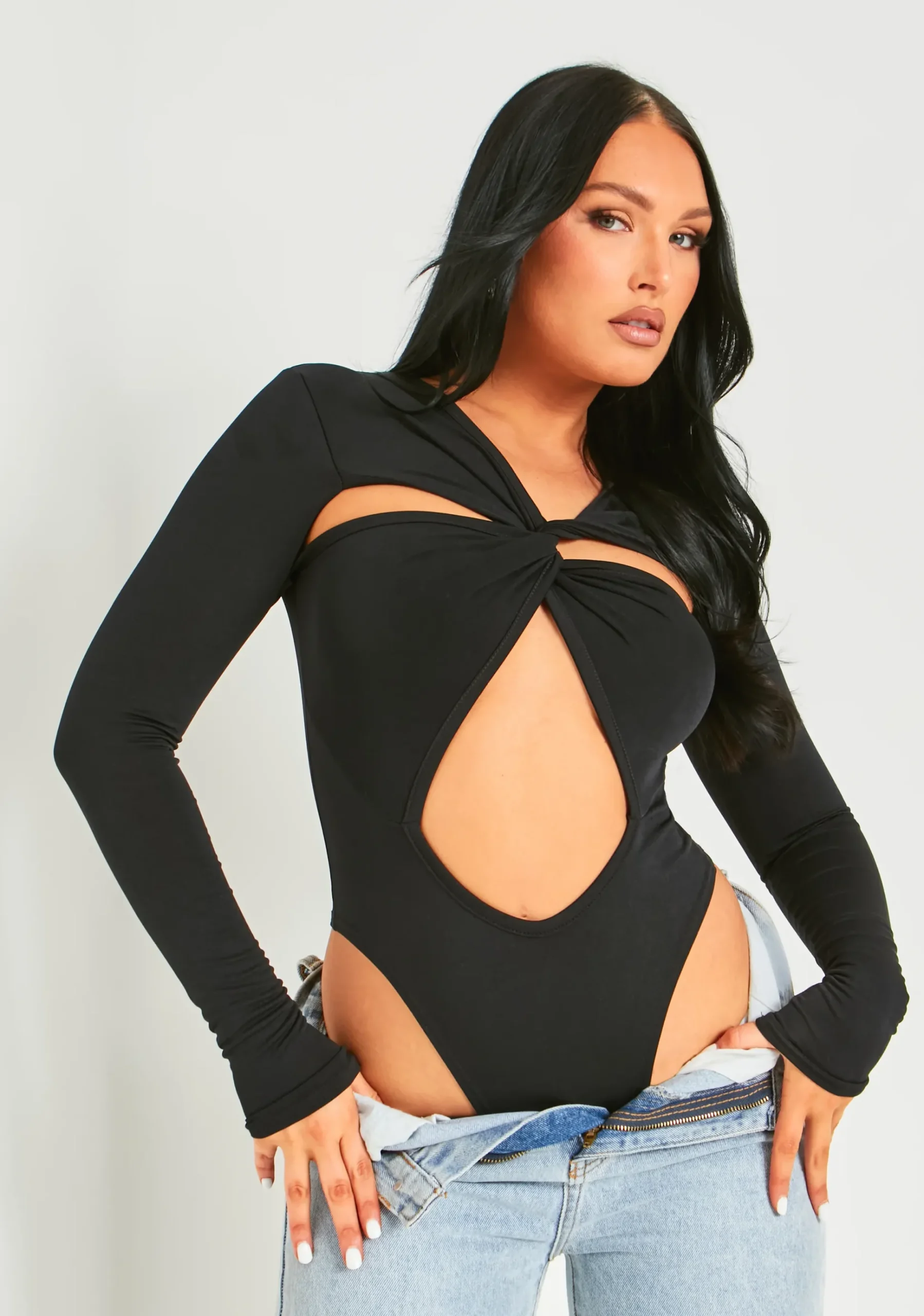 Bronte Black Cut Out Asymmetric Long Sleeve Bodysuit^Missy Empire Discount