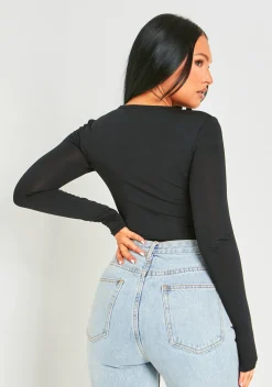 Bronte Black Cut Out Asymmetric Long Sleeve Bodysuit^Missy Empire Discount