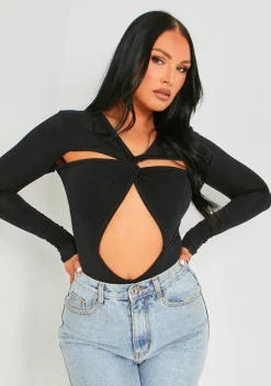 Bronte Black Cut Out Asymmetric Long Sleeve Bodysuit^Missy Empire Discount