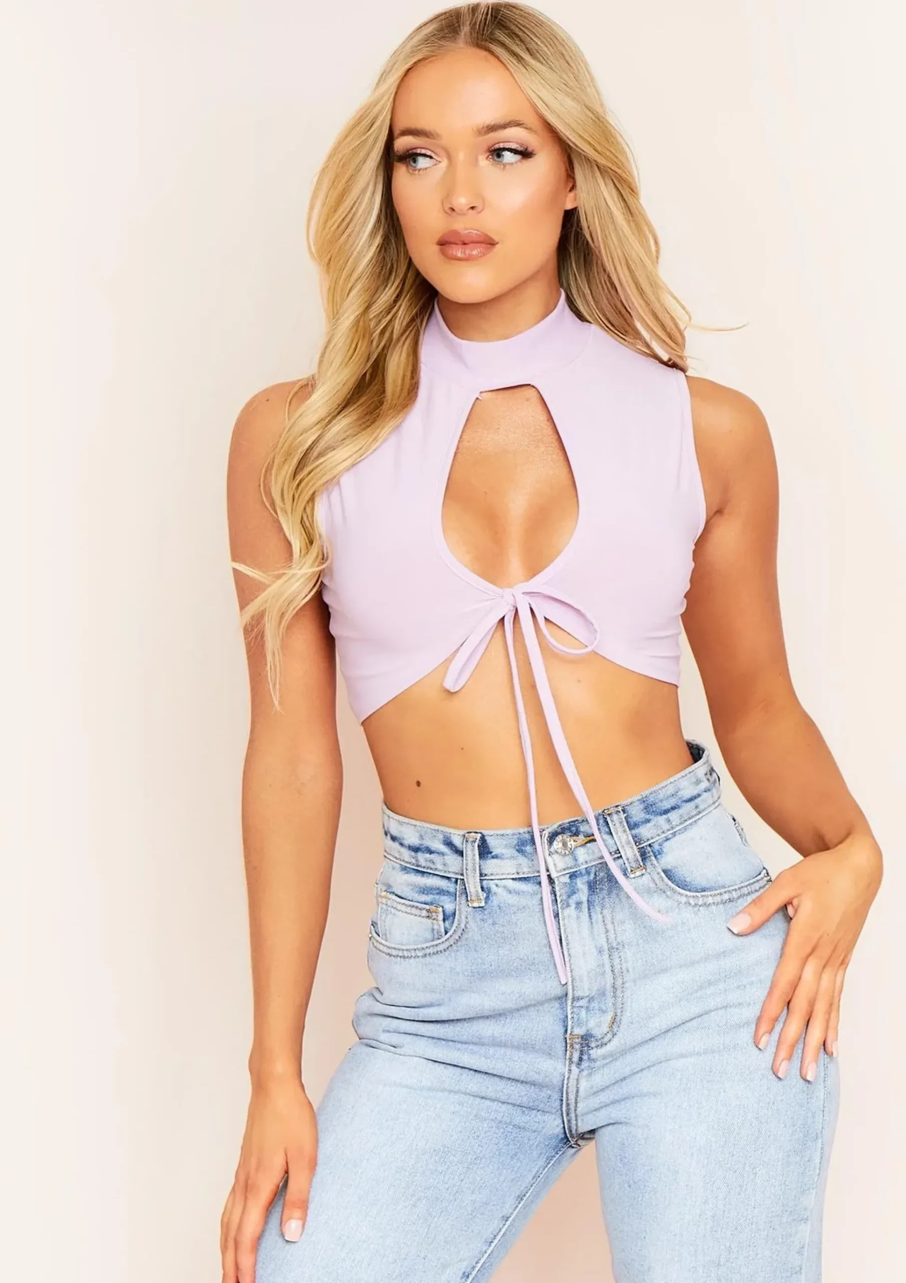 Caera Lilac Key Hole Lace Up High Neck Crop Top^Missy Empire New