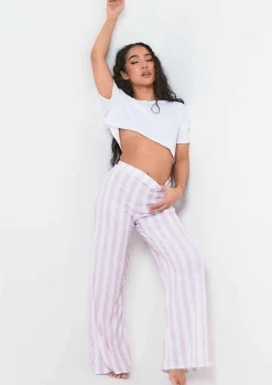 Clearance Caitlin White & Pink Stripe T-Shirt And Trouser Pyjama Set Women Nightwear