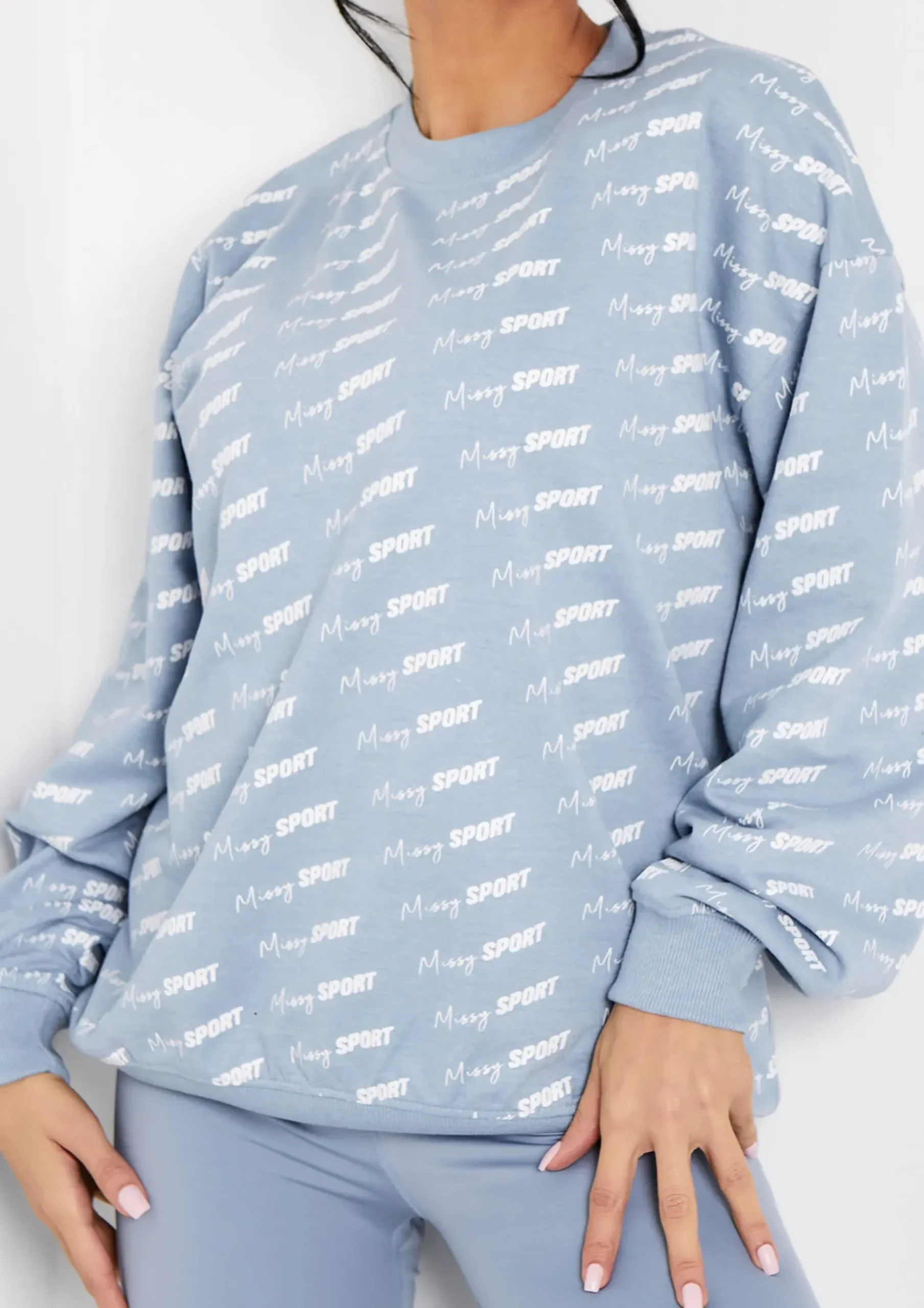 Best Cali Mid Blue Missy Sport Repeat Branded Print Oversized Sweatshirt Women Loungewear