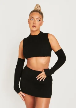 Cali Black Knitted Crop Top With Separate Sleeves^Missy Empire Cheap
