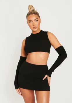 Cali Black Knitted Crop Top With Separate Sleeves^Missy Empire Cheap