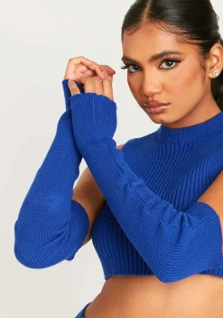 Cali Blue Knitted Crop Top With Separate Sleeves^Missy Empire Best