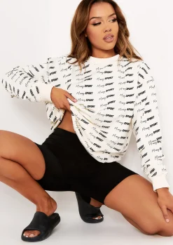 Cali Cream Missy Sport Repeat Branded Print Oversized Sweatshirt^Missy Empire Hot