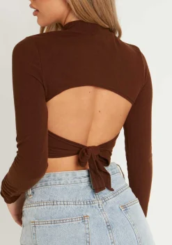Calli Chocolate Ribbed High Neck Tie Back Long Sleeve Crop Top^Missy Empire Fashion