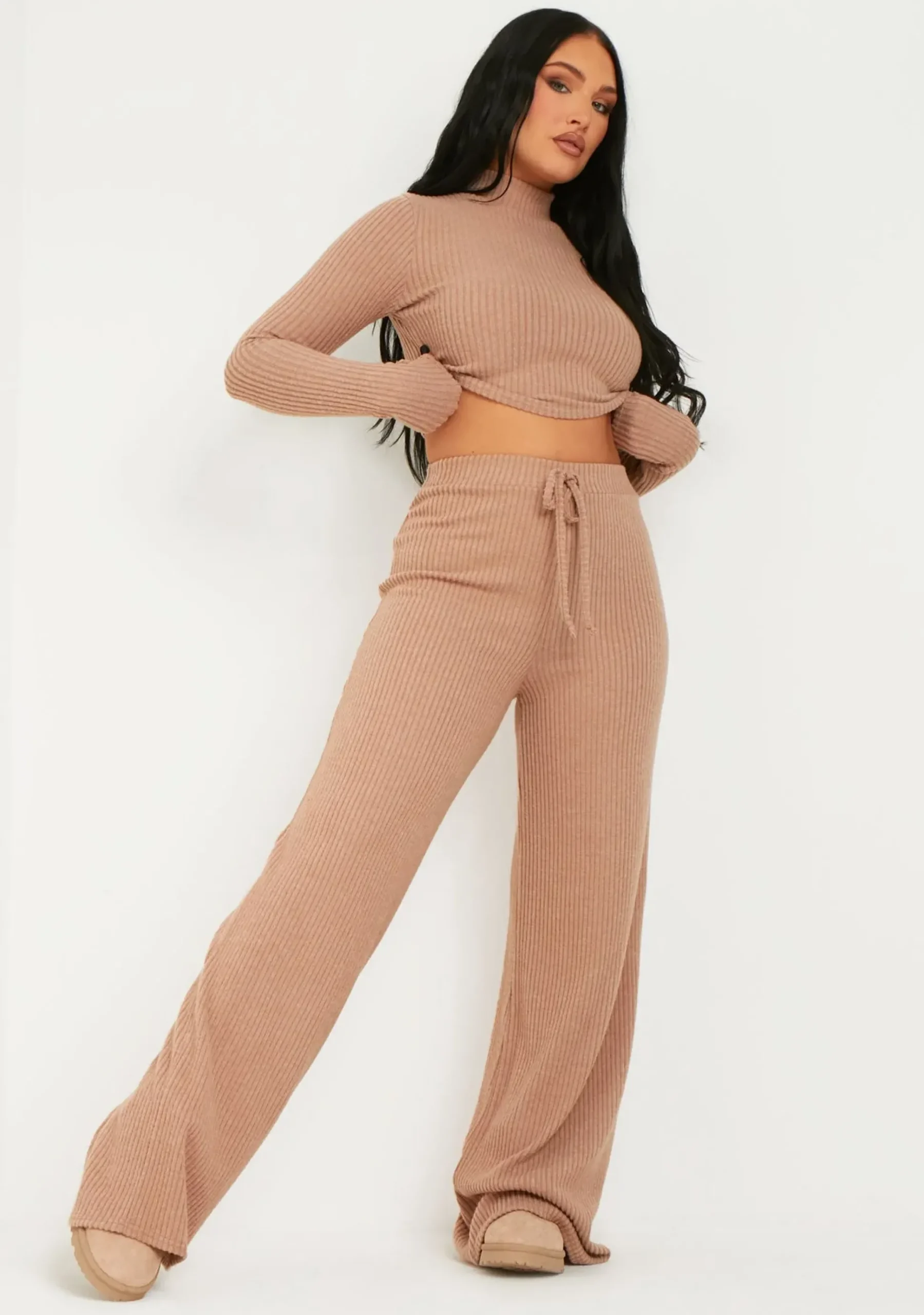 Store Cally Brown Rib Wide Leg Trousers Women Trousers