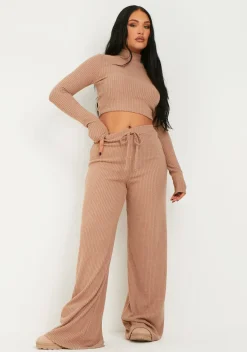 Store Cally Brown Rib Wide Leg Trousers Women Trousers