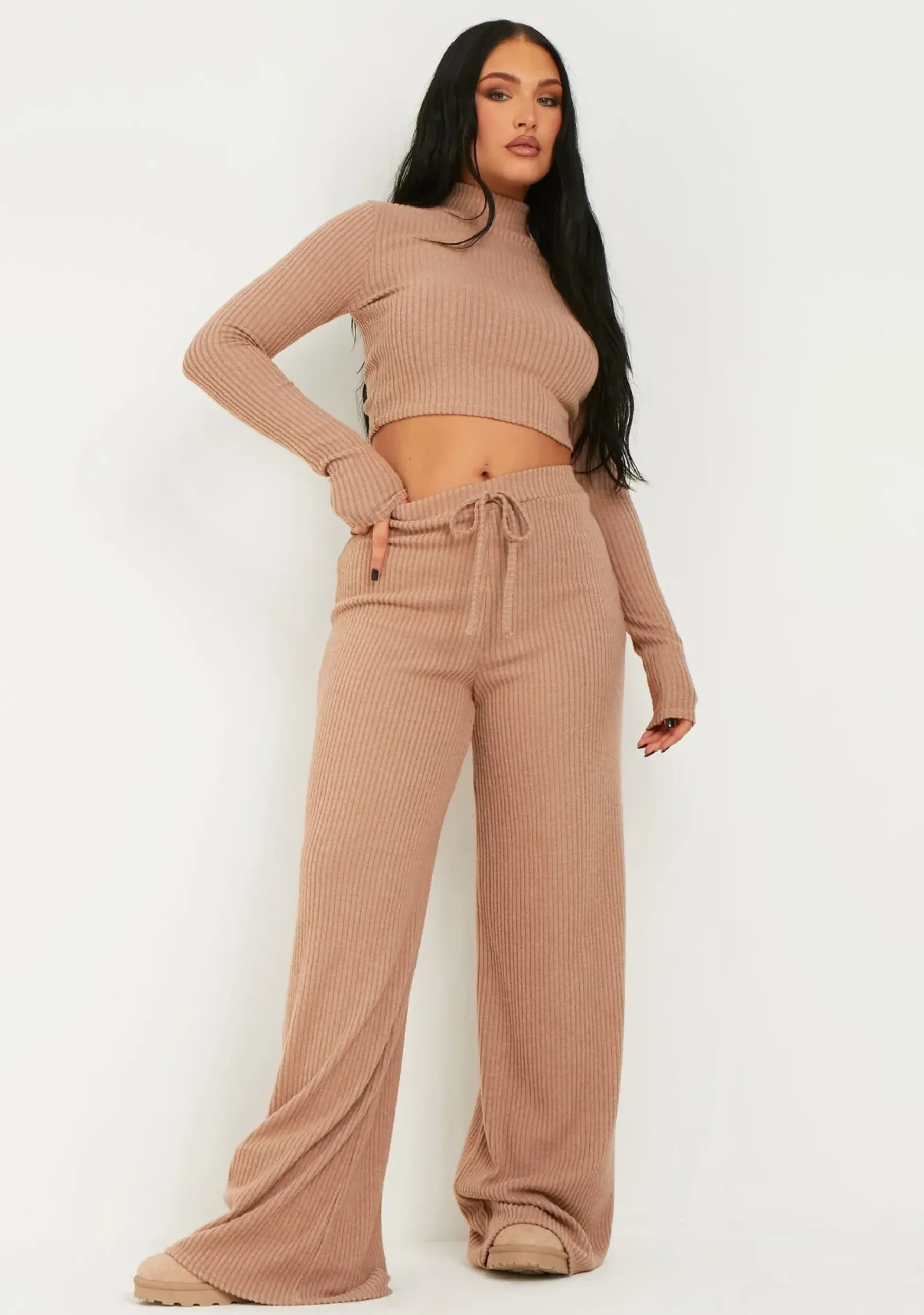 Store Cally Brown Rib Wide Leg Trousers Women Trousers